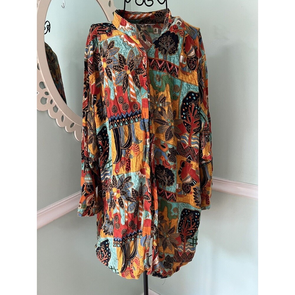 New Aura Jungle Theme Colorful 90’s Long Top M Oversize Lagenlook Artsy Tribal